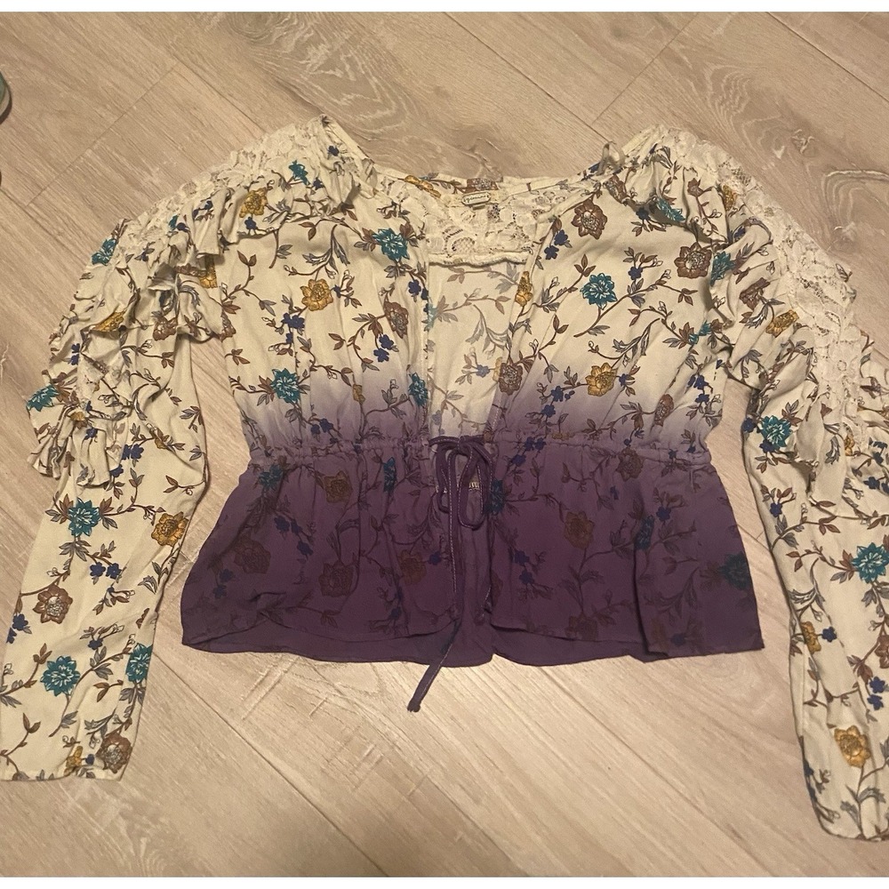 Gimmicks Floral Ombre Peasant Blouse Small Purple Cream Lace Boho Cottagecore